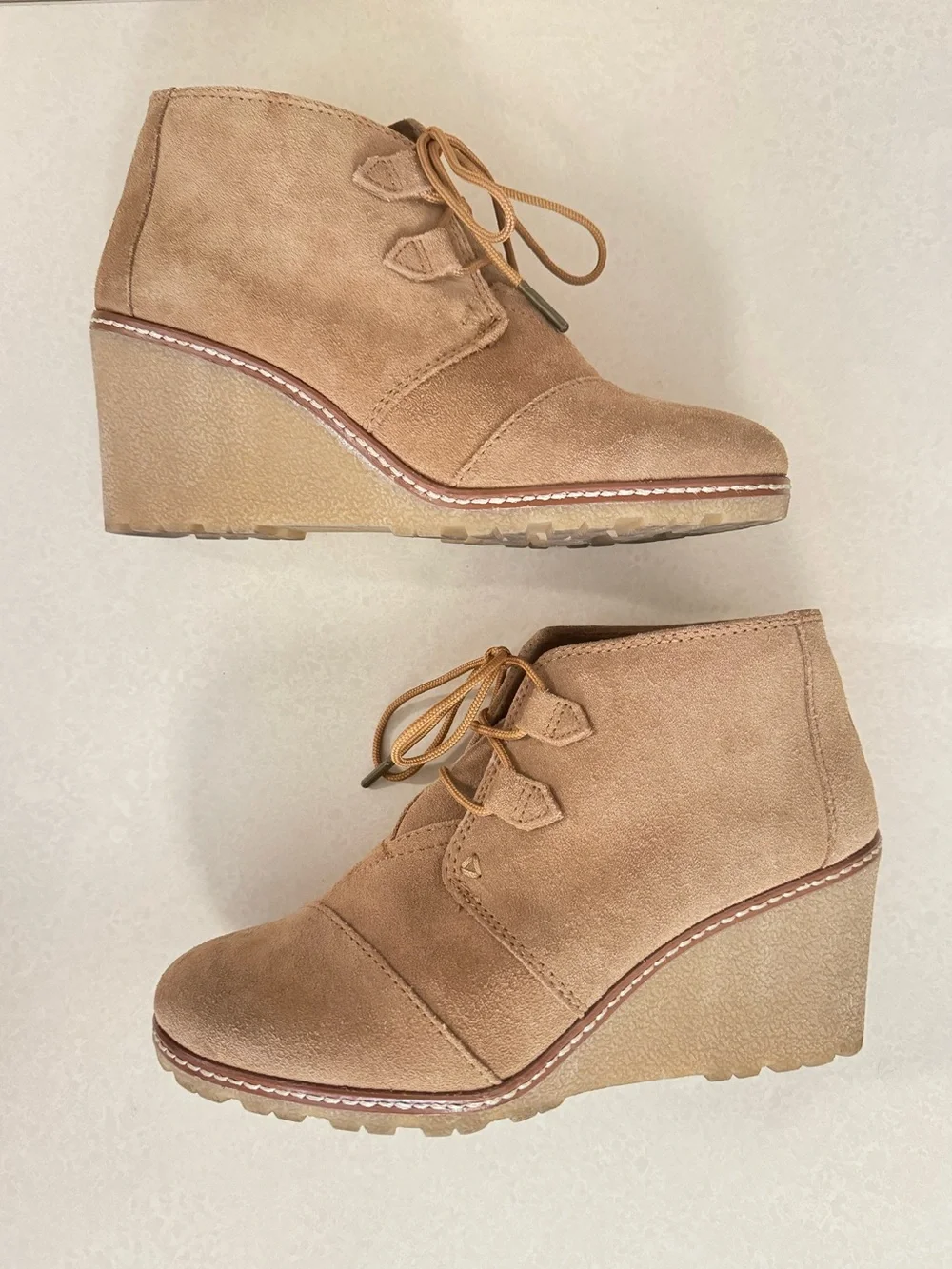 Toms - Tan Suede, Gum Sole Wedge Lace-Up Booties